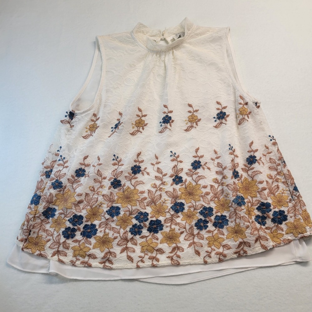 Harlyn Ivory Lace Sleeveless Mock Neck Floral Embroidered Top Womens Size Small